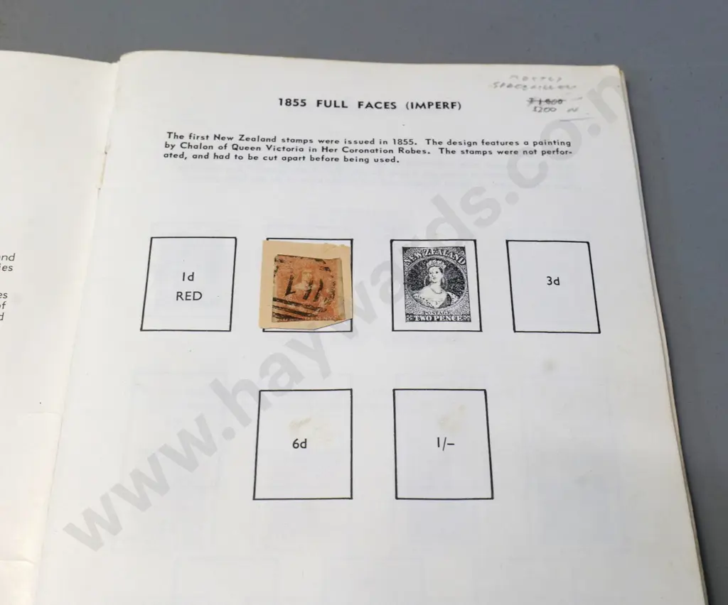 stamp album with many New Zealand vintage stamps - 1855 full face, early pictorials, postal fiscals, etc. Image 1++