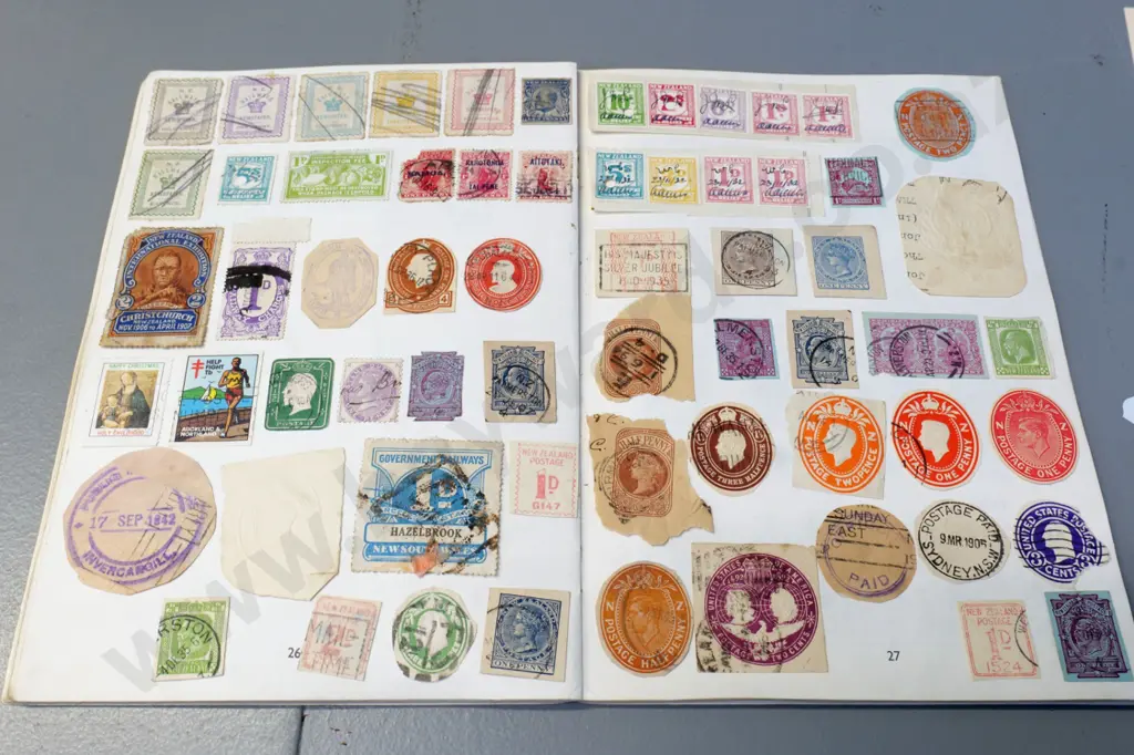 stamp album with many New Zealand vintage stamps - 1855 full face, early pictorials, postal fiscals, etc. Image 1++