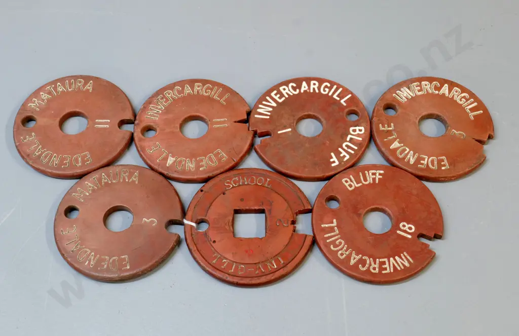7 tablets for the Tyer's Tablet Machines used by NZR - engraved with Invercargill or southland locations. Each D-100 Image 1++