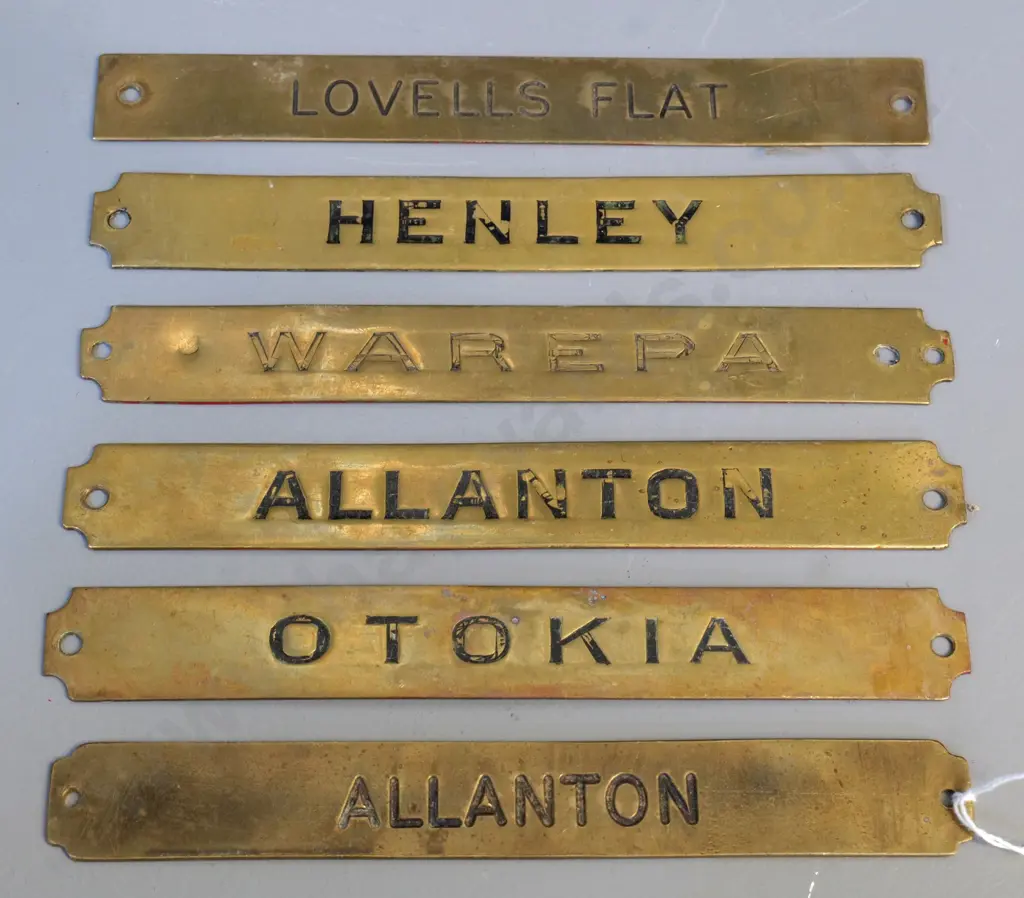 set of 6 brass Tyer's tablet machine NZR name plates - Dunedin South line - Allanton, Henley, Lovell's Flat, Warepa etc Image 1++
