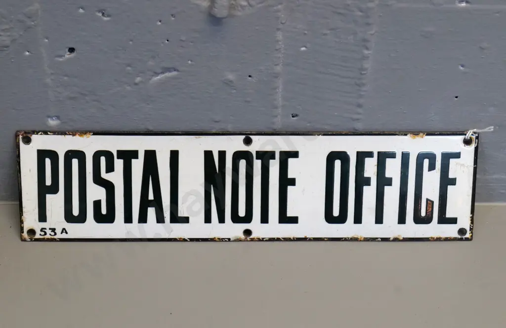 small enamel on metal sign - "Postal Note Office" has 53a in bottom corner - a bit of enamel loss H75 W305 Image 1++