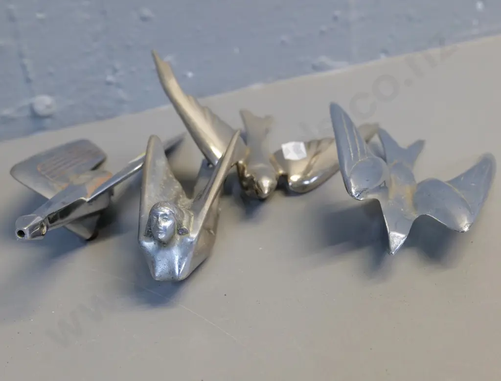 4 vintage automotive bonnet mascots / ornaments - 3 bird figures and a winged woman, larger is L-180 Image 1++