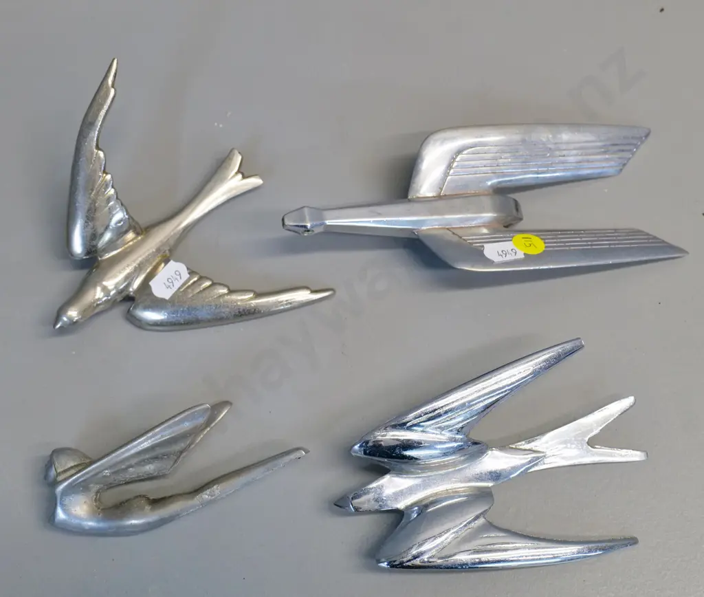 4 vintage automotive bonnet mascots / ornaments - 3 bird figures and a winged woman, larger is L-180 Image 1++