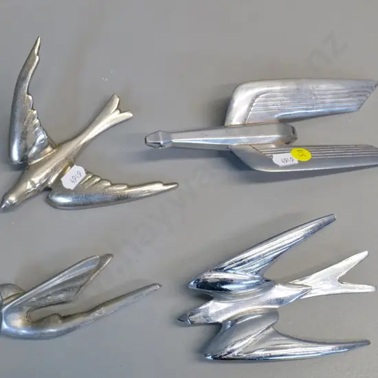 4 vintage automotive bonnet mascots / ornaments - 3 bird figures and a winged woman, larger is L-180