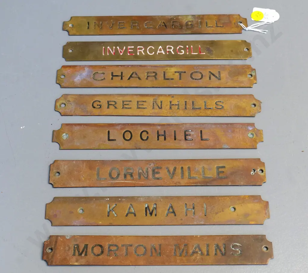 set of 8 brass Tyer's tablet machine NZR name plates - Invercargill, Lochiel, Greenhills, Kamahi, Lorneville etc. Image 1++