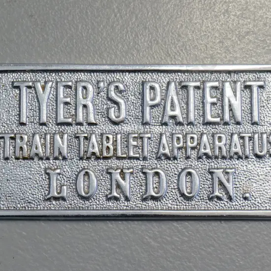 chrome plaque / label from NZR Tyer's tablet machine - "Tyer's Patent Train Tablet London" H55 W120