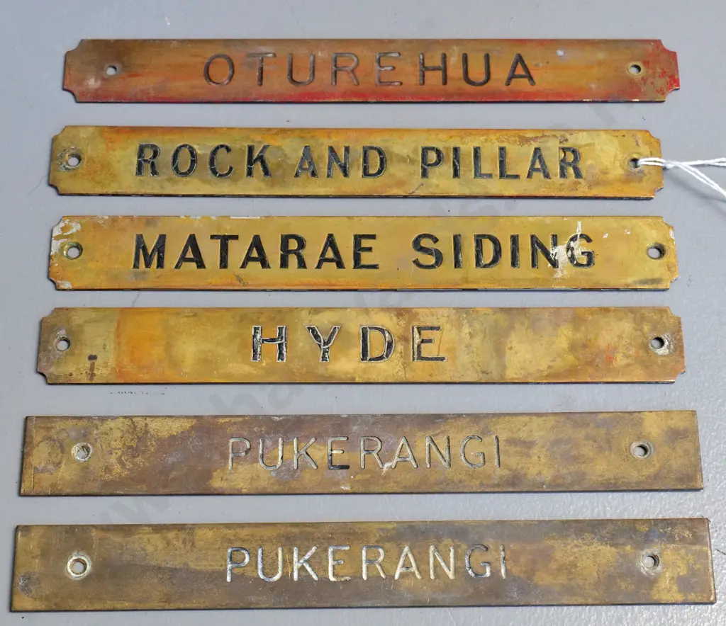 set of 6 brass Tyer's tablet machine NZR name plates - Central Otago incl. Rock & Pillar, Hyde, Oturehua, etc Image 1++