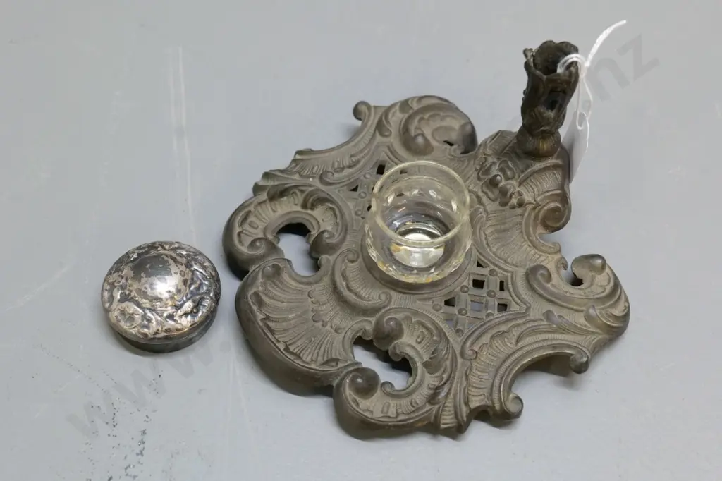 spelter inkstand with glass inkwell and non-original silver top marked 800 - some damage to pen holder H100 W150 Image 1++