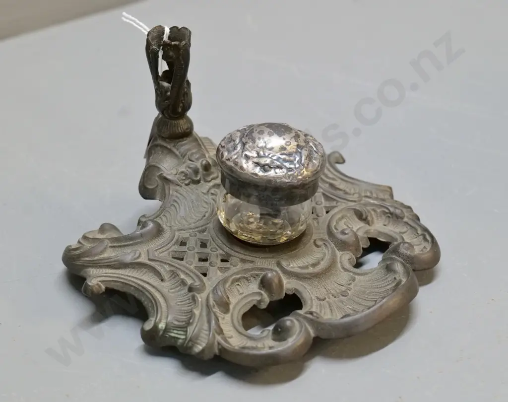 spelter inkstand with glass inkwell and non-original silver top marked 800 - some damage to pen holder H100 W150 Image 1++