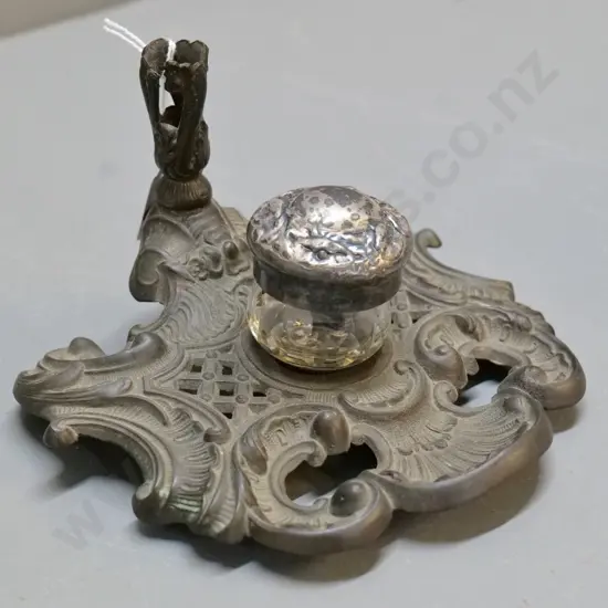 spelter inkstand with glass inkwell and non-original silver top marked 800 - some damage to pen holder H100 W150