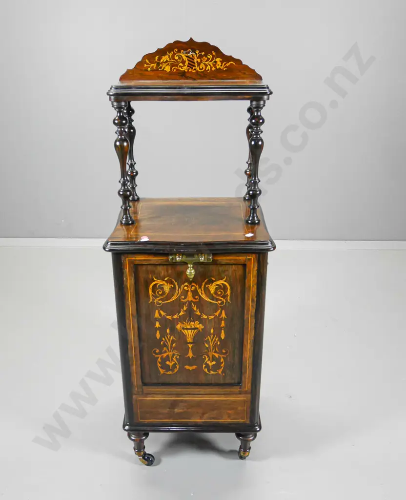 oak & marquetry inlay whatnot with drop-front bin, brass handles, porcelain casters H1050 W370 D360 Image 1++