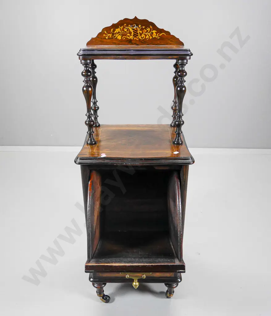 oak & marquetry inlay whatnot with drop-front bin, brass handles, porcelain casters H1050 W370 D360 Image 1++