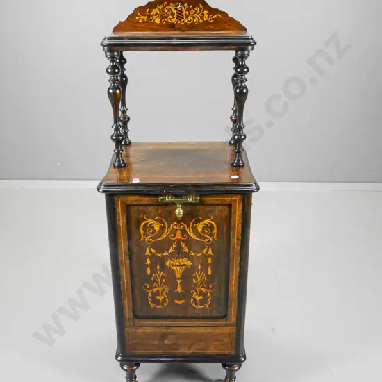 oak & marquetry inlay whatnot with drop-front bin, brass handles, porcelain casters H1050 W370 D360