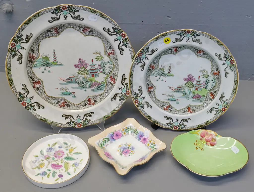 2 Spode 'Landscape' plates, chip to back of smaller, larger is D-260, Minton & Foley sweet dish, Royal Winton pin dish Image 1++