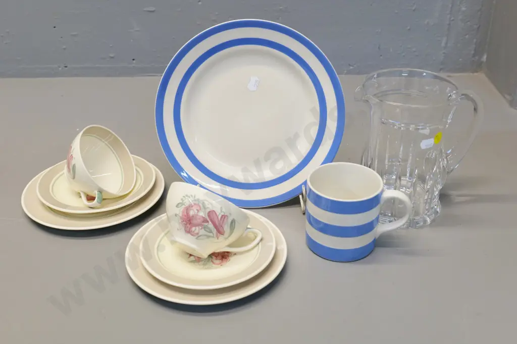 Stuart crystal water jug H160 W160, 2 Susie Cooper trios, Cornish plate & Cornish green mark mug Image 1++