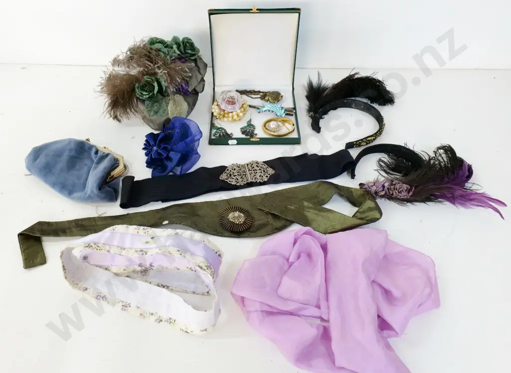 vintage costume items - assorted accessories - fascinator, costume brooches, belts, velvet purse, etc. Image 1++