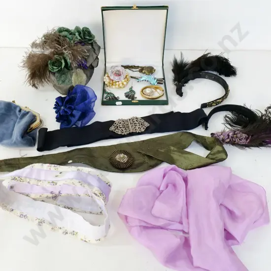 vintage costume items - assorted accessories - fascinator, costume brooches, belts, velvet purse, etc.