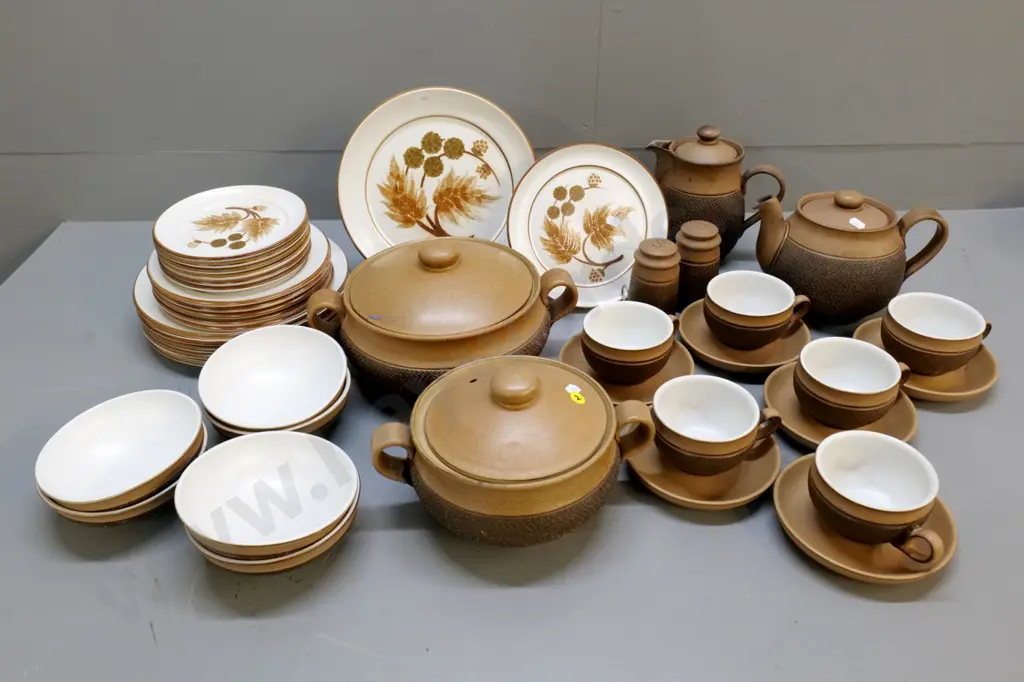 large Denby dinner set - brown leaf & rough textured - 6 place, 2 casseroles, teapot, hot water jug Image 1++