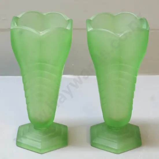 pair of deco frosted green glass vases H-210 W-90