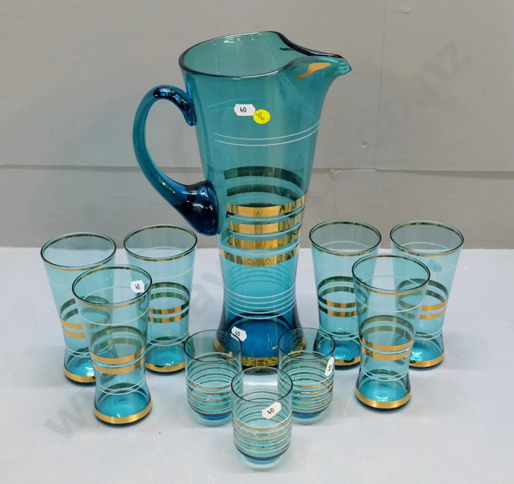 mid-century 7-piece turquoise glass & gilt band water set with 3 extra shot glasses - jug H-330 Image 1++