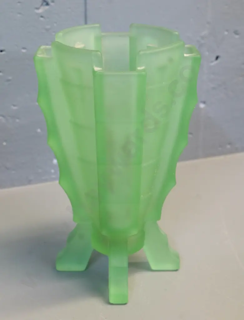 deco frosted green uranium glass footed flower vase H-220 W-130 Image 1++
