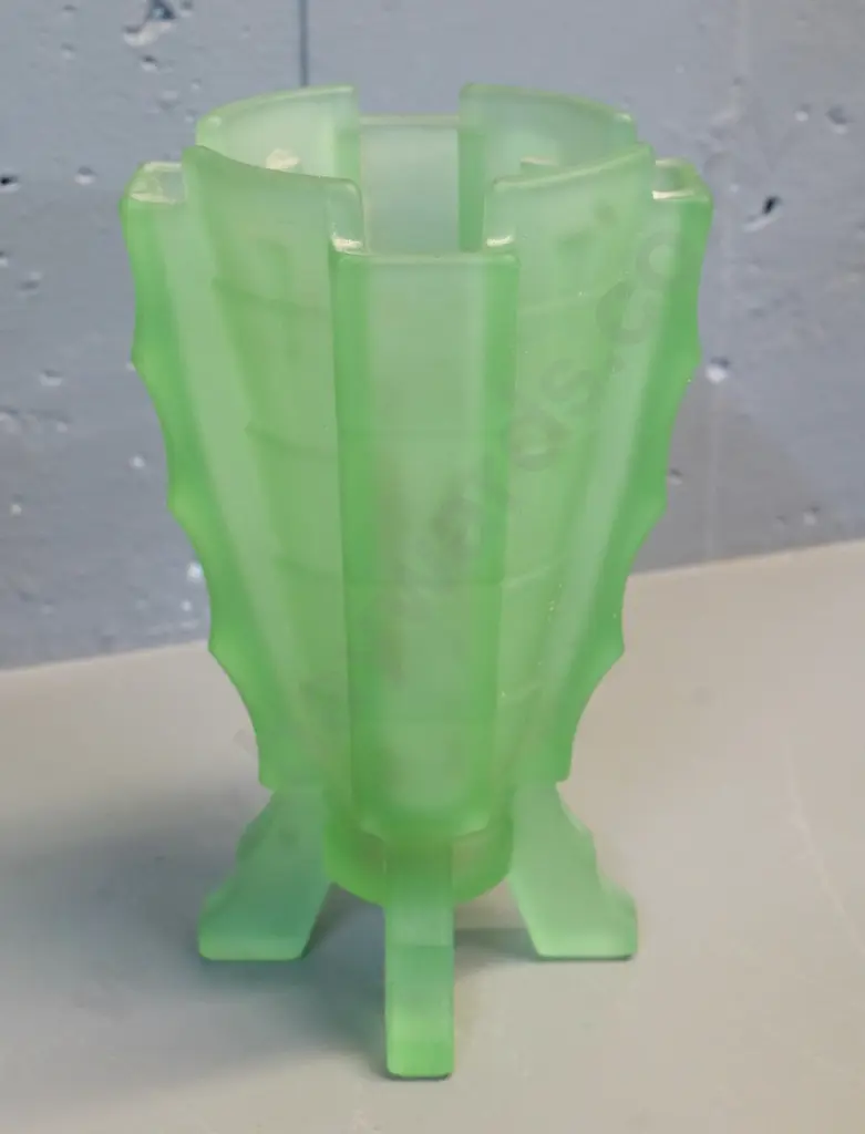 deco frosted green uranium glass footed flower vase H-220 W-130 Image 1++