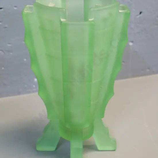 deco frosted green uranium glass footed flower vase H-220 W-130