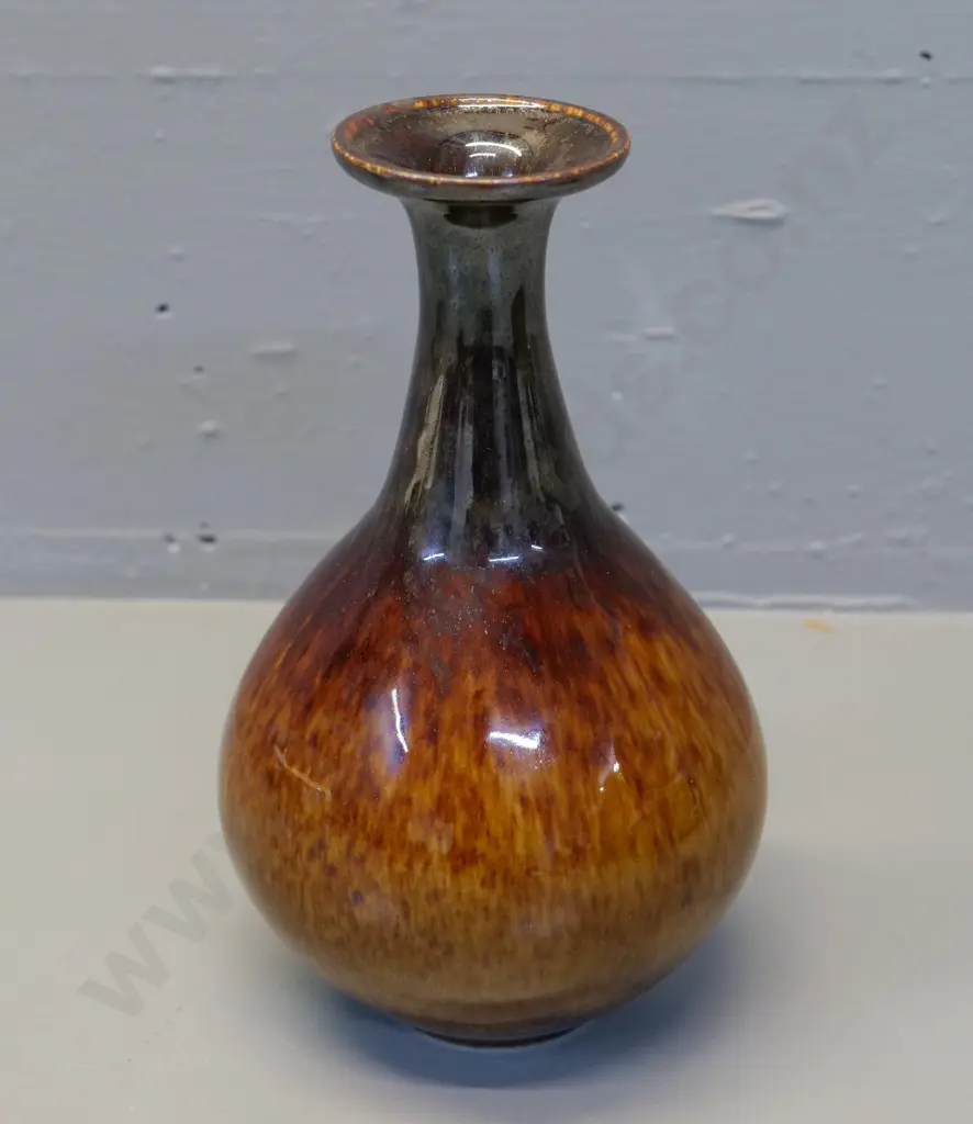 brown stipple glaze pottery vase - impressed New Zealand, unreadable maker's mark - glaze on rim slightly rough H200 Image 1++