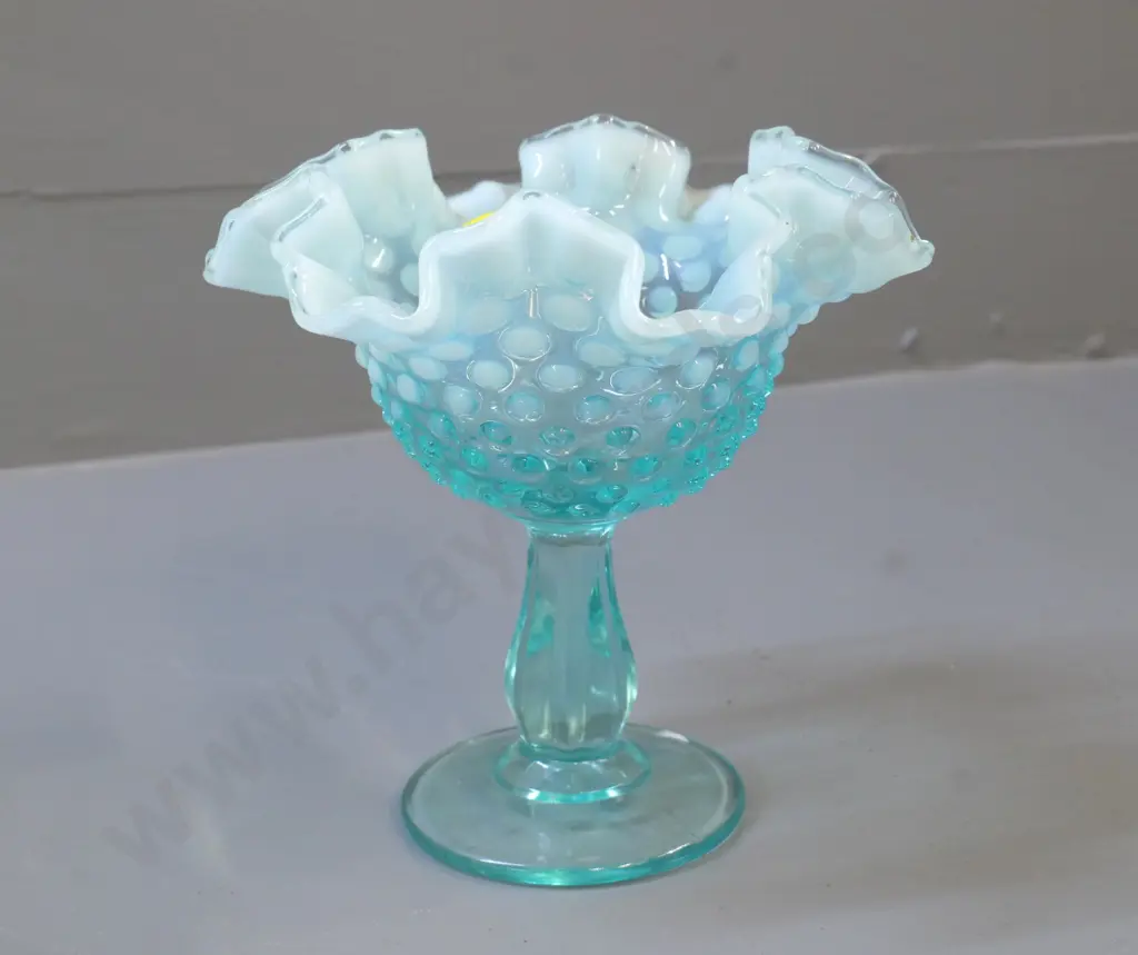 dimple pattern depression glass small comport bowl with - turquoise with milk glass rim H160 D155 Image 1++