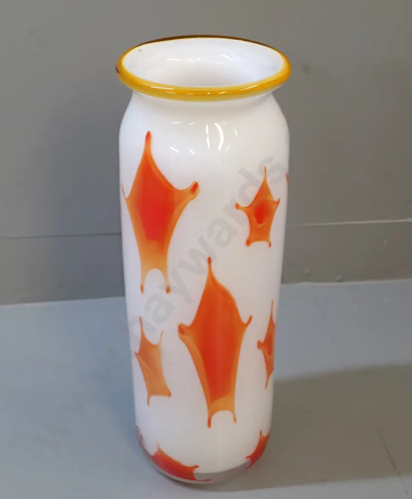 heavy art glass white with orange design vase - Chinese mark impressed on side H-390 Image 1++