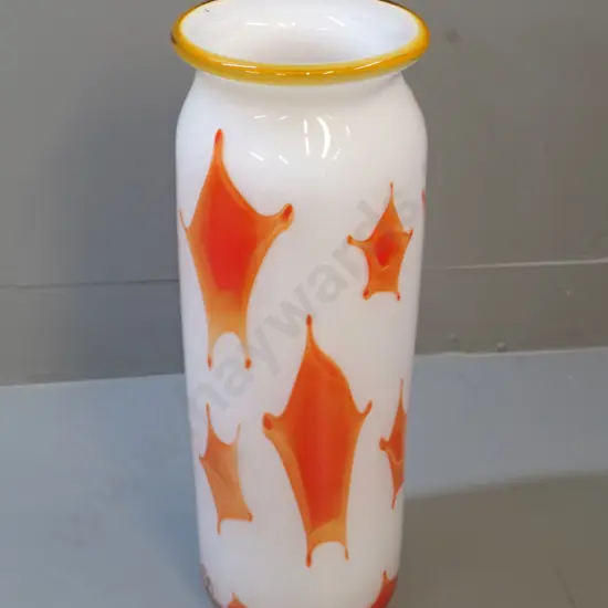 heavy art glass white with orange design vase - Chinese mark impressed on side H-390