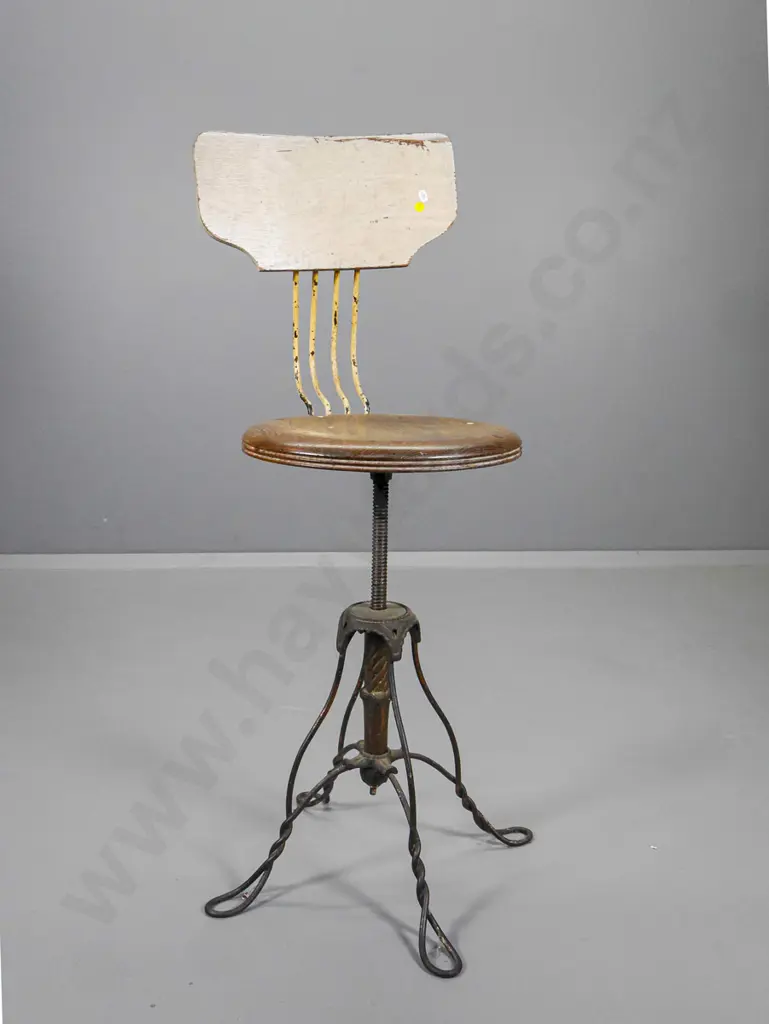 vintage task chair w/ forged metal base, copper finish, timber seat and back, a little wobbly H1040 W380 D440 Image 1++
