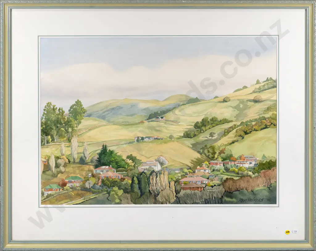 Ken Holmes '92 - framed watercolour - house and country scene H-530 W-740 (crack to frame) Image 1++