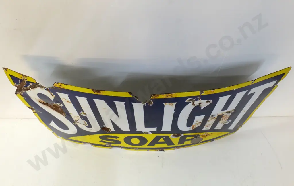 vintage enamel on metal Sunlight Soap advertising sign - warped, damage, chips to enamel, corrosion H460 W910 Image 1++
