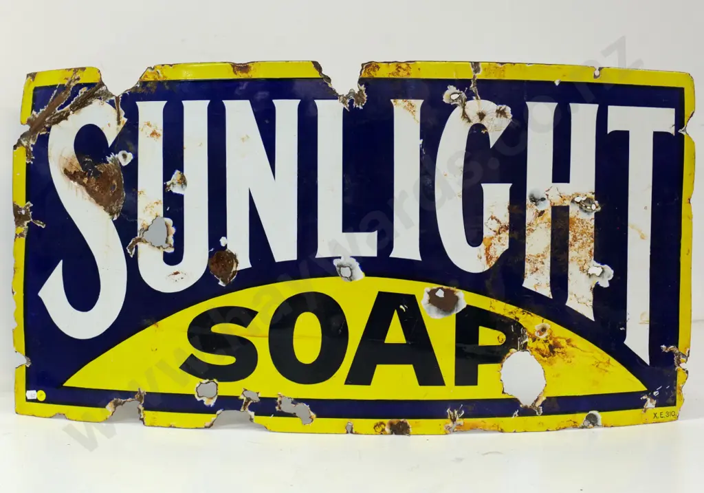 vintage enamel on metal Sunlight Soap advertising sign - warped, damage, chips to enamel, corrosion H460 W910 Image 1++