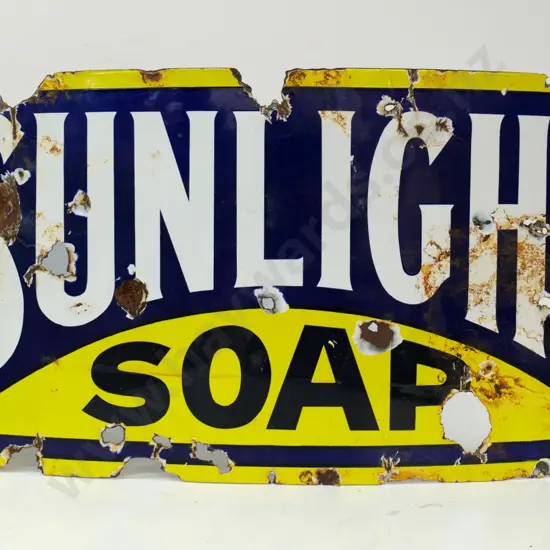vintage enamel on metal Sunlight Soap advertising sign - warped, damage, chips to enamel, corrosion H460 W910