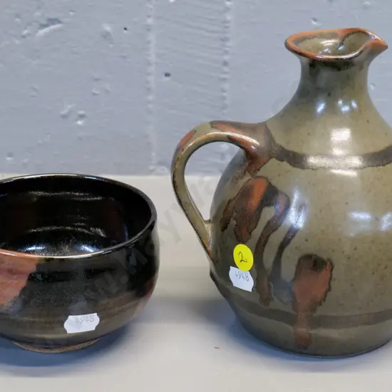 2 New Zealand studio pottery items - Peter Gregory 2008 small bowl and a Peter Vendelbosch sauce bottle