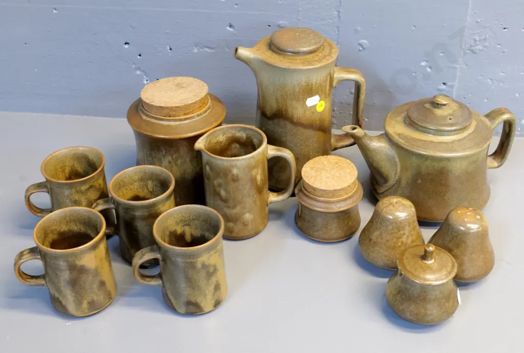 assorted Temuka pottery circa 1970s, Jack Laird designs - coffee pot H200, teapot, coffee mugs, storage jar, etc. Image 1++