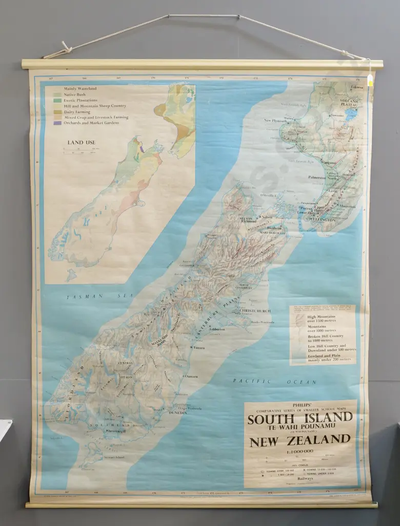 large South Island school/wall map on wooden runners - London Geographical Inst. 1974, some fraying, creases. H1150 W880 Image 1++