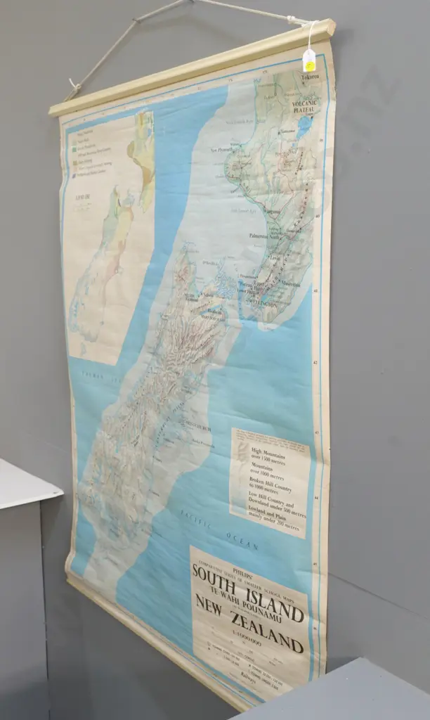 large South Island school/wall map on wooden runners - London Geographical Inst. 1974, some fraying, creases. H1150 W880 Image 1++