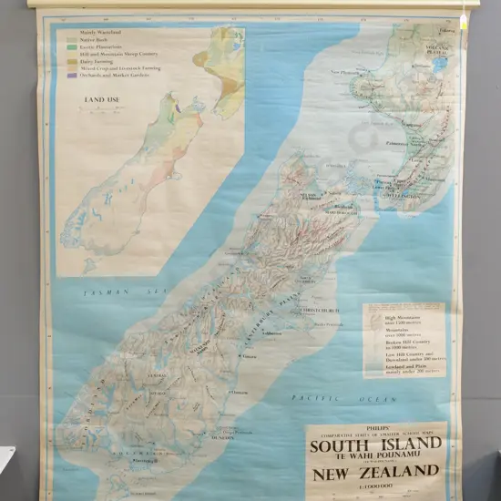 large South Island school/wall map on wooden runners - London Geographical Inst. 1974, some fraying, creases. H1150 W880