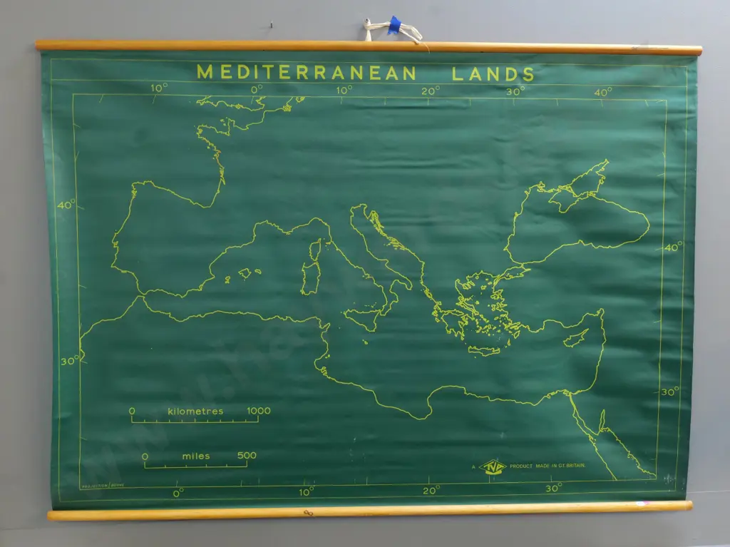 vinyl school wall map on wooden runners - Mediterranean Lands H-900 W-1220 Image 1++