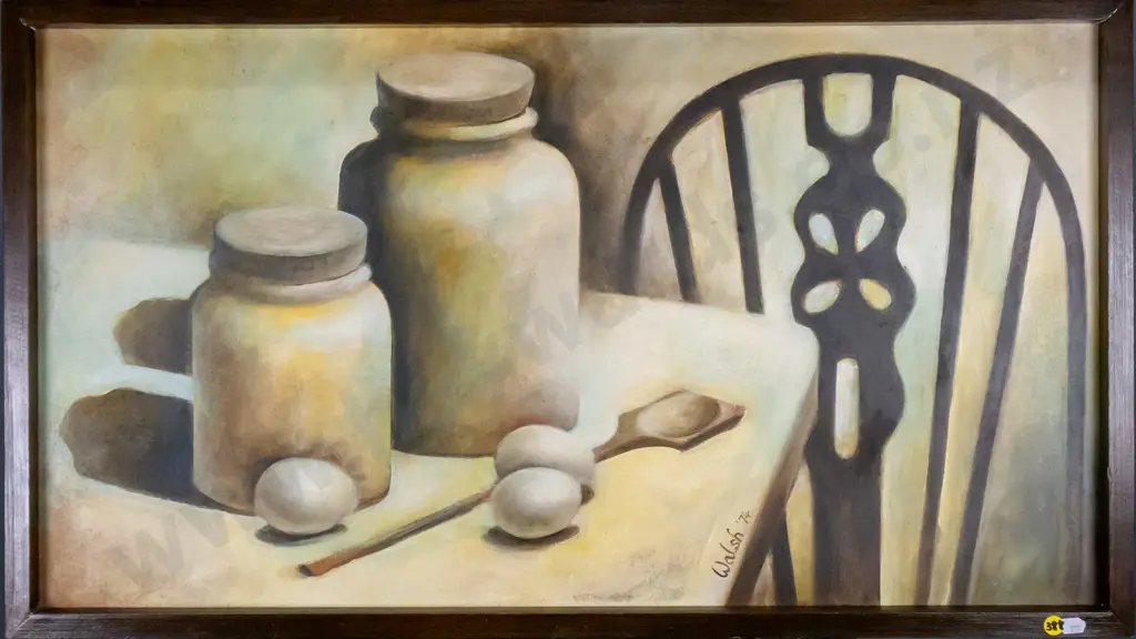 BC Walsh '74 - framed oil "Still life with eggs" H-420 W-760 Image 1++