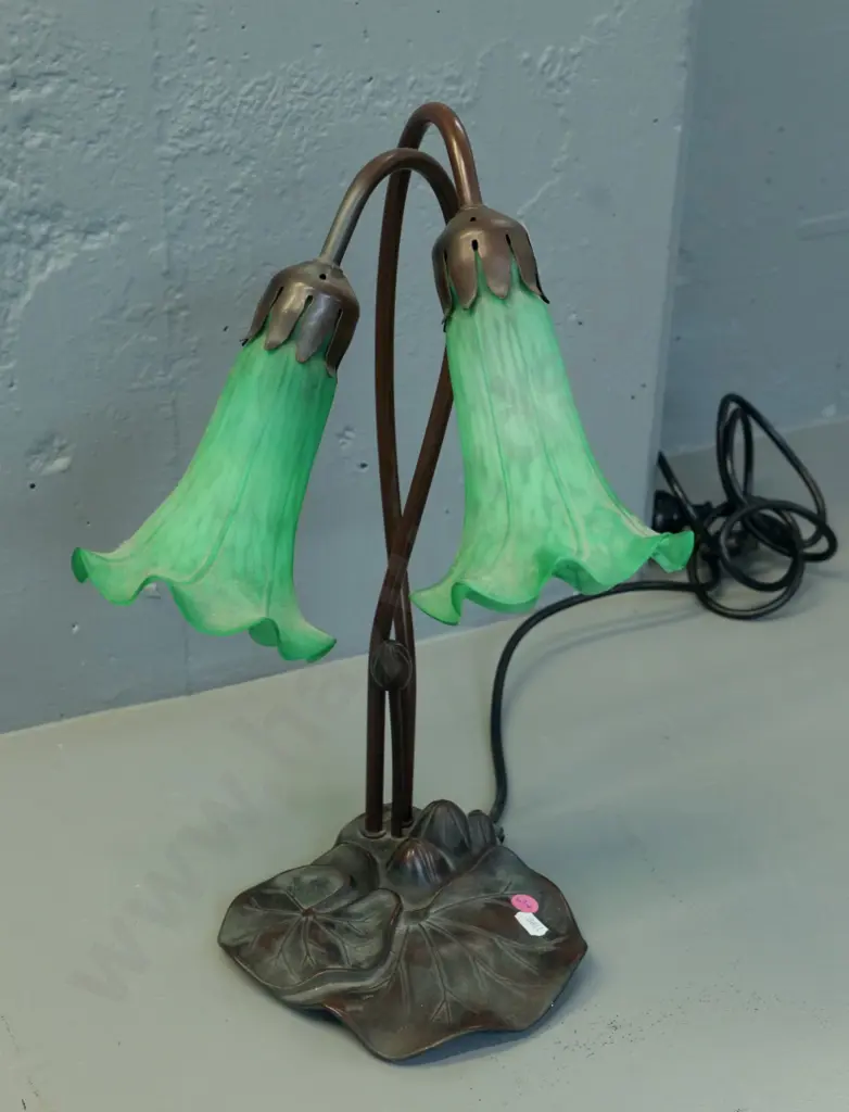 reproduction Tiffany style lamp with waterlily motif composite base, mottled green glass shades H420 W260 Image 1++