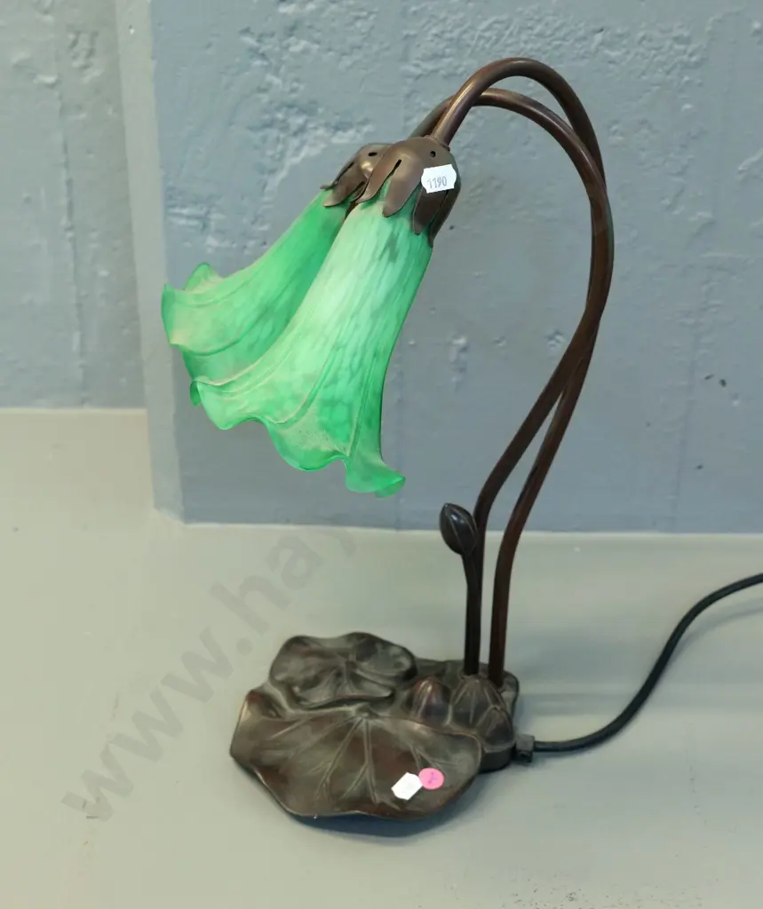 reproduction Tiffany style lamp with waterlily motif composite base, mottled green glass shades H420 W260 Image 1++