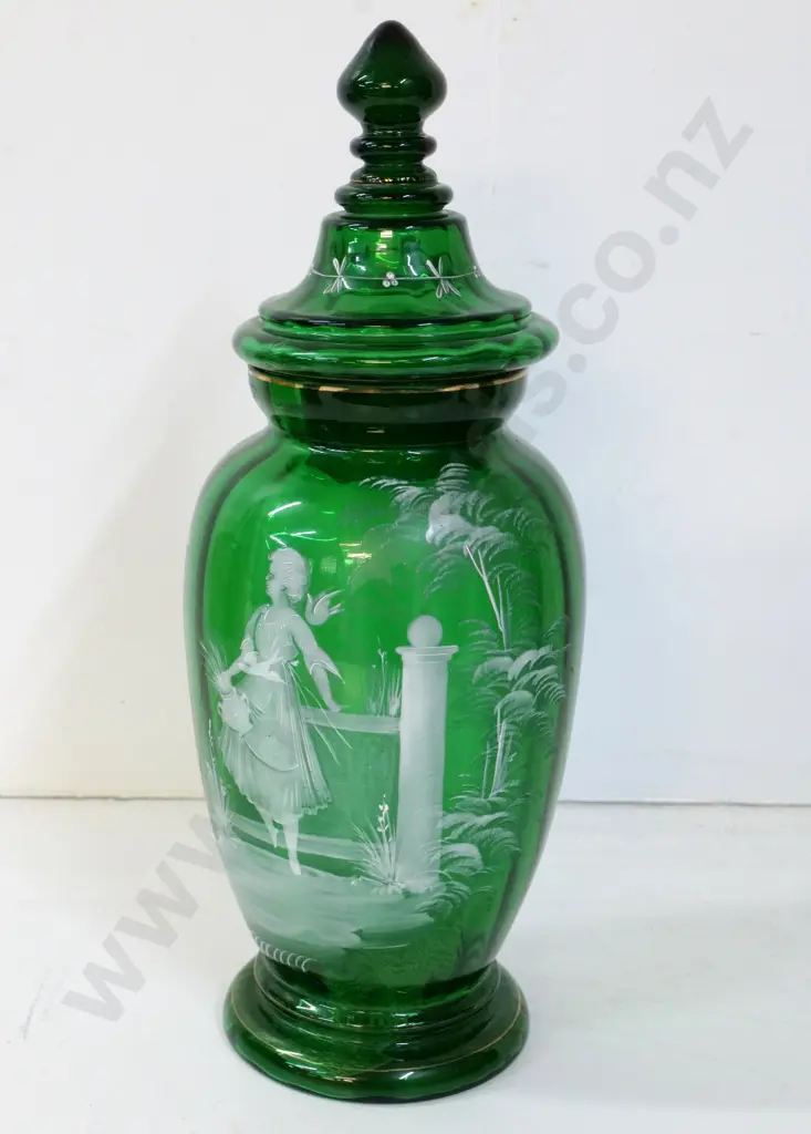 tall green lidded Mary Gregory style glass jar H-440 Image 1++