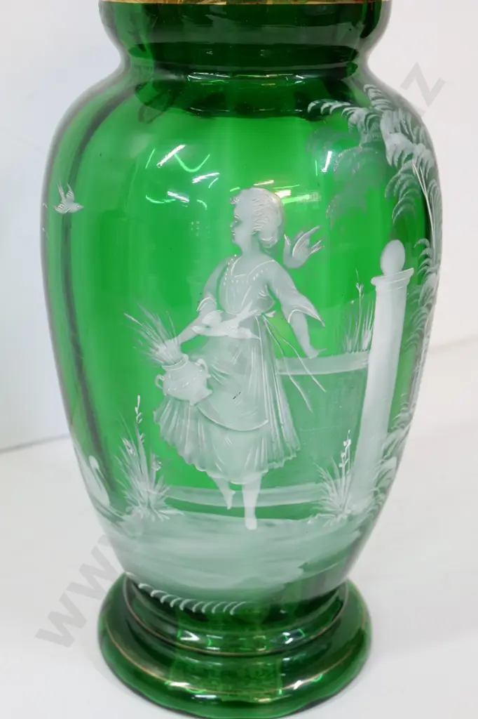 tall green lidded Mary Gregory style glass jar H-440 Image 1++