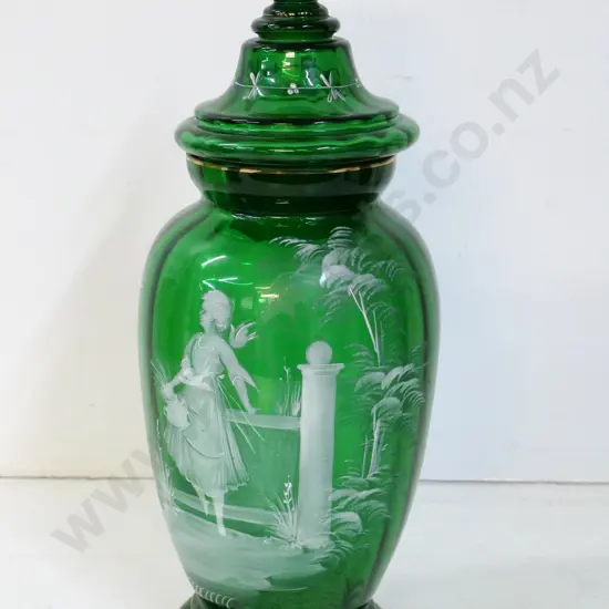 tall green lidded Mary Gregory style glass jar H-440