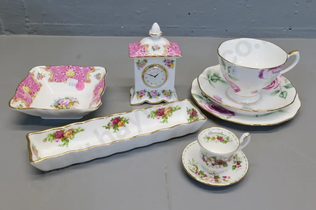 Royal Albert Rose Clouds trio, Lady Carlisle dish & clock, Old Country Roses mint dish, miniature December cup & saucer Image 1++