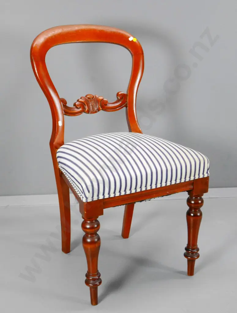Victorian mahogany balloon back dining chair with striped ticking fabric seat - has loose joints H860 W450 D400 Image 1++